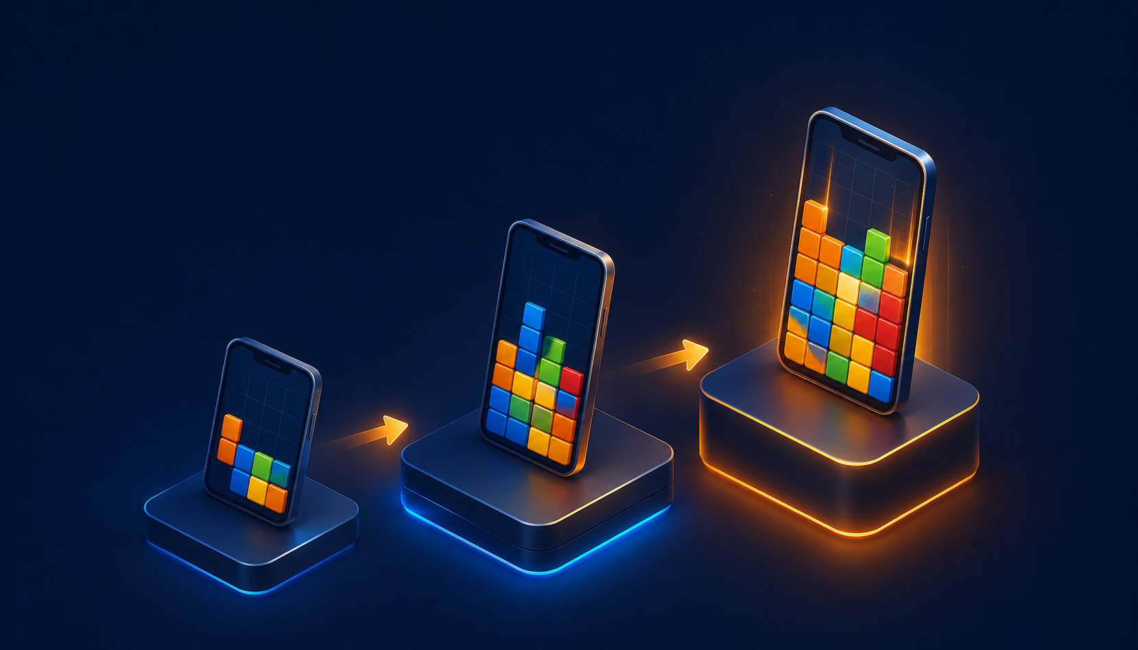 Three phones on rising pedestals showing progressively richer block-puzzle boards — the MVP, Production, and Premium development tiers